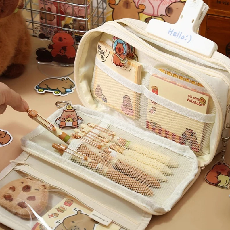 Large Capacity Pencil Bag Capybara Cartoon Stationery Holder Bag With Brooches Stickers Clips Keychains Children Pen Case