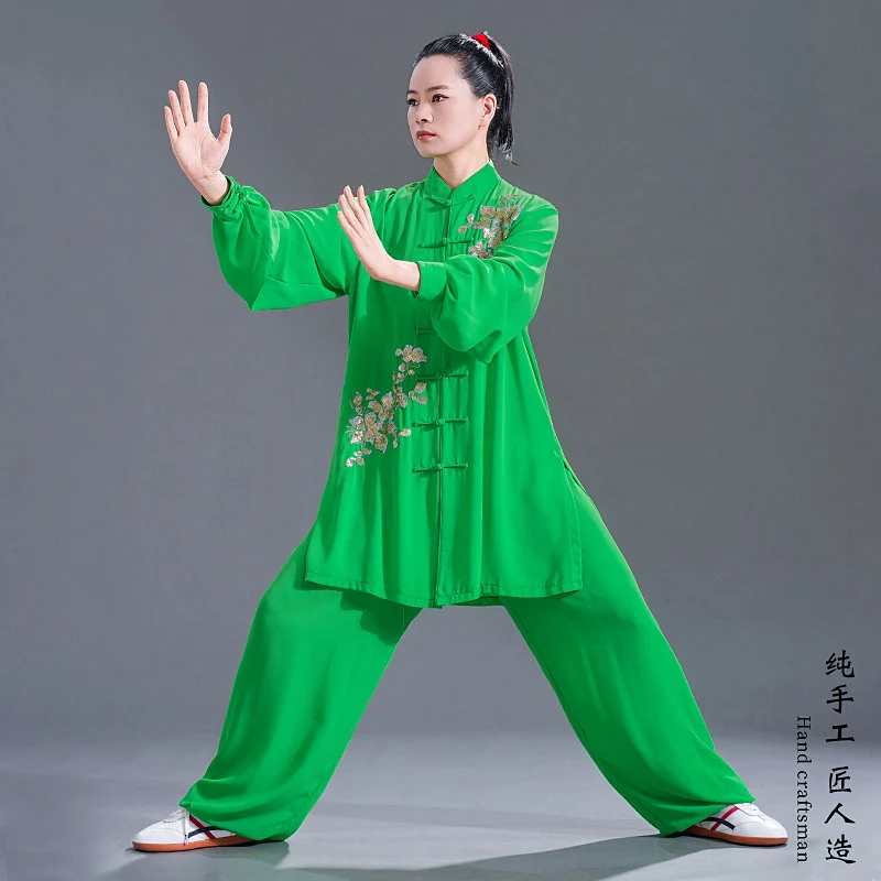 **Women's 202X SS Tai Chi Set - Green Emb Silk Linen, Breathable Seq for Perf/Comp/Morn**