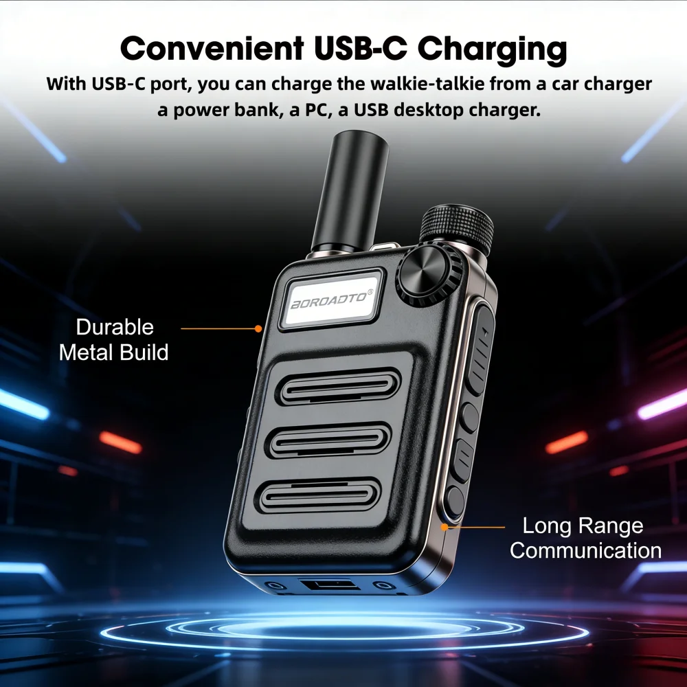 Mini UHF Walkie Talkie 400-470MHz Type-C Rechargeable Two Way Radio VOX Long Range 16CH Transceiver for Outdoor Camping Use
