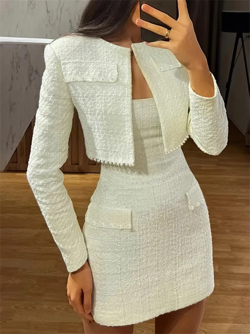 Branco elegante feminino terno saia conjunto 2 peça blazer jaqueta + curto mini vestido de baile com forro formal escritório jaqueta casaco outfit