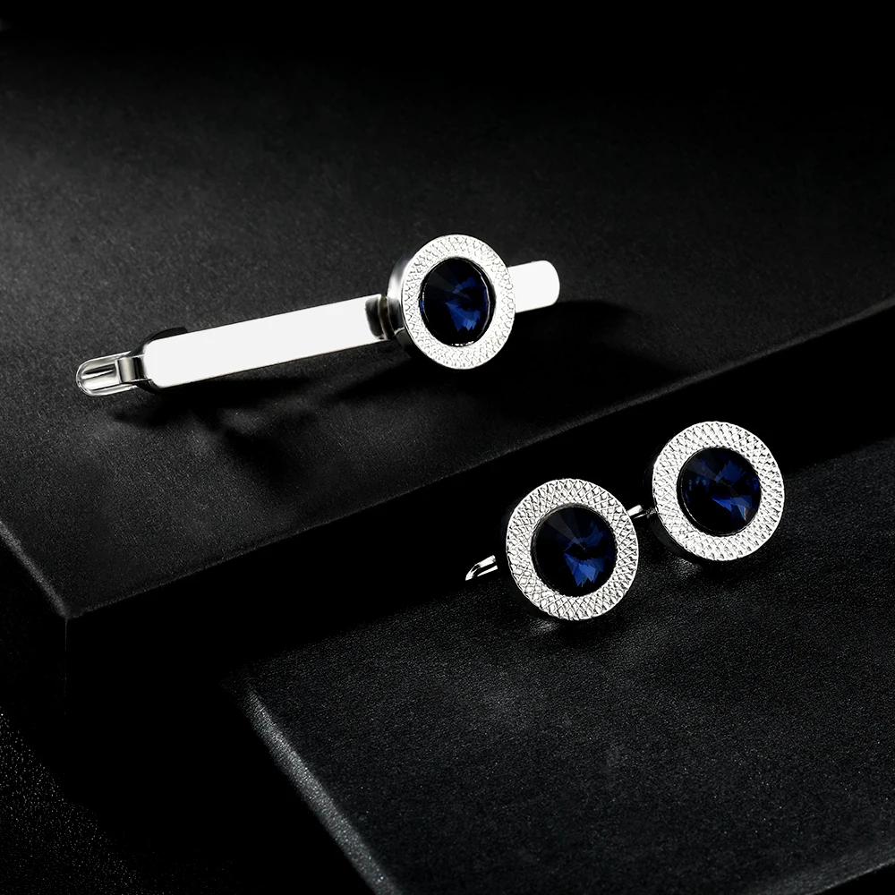 أزرار أكمام دائرية ملمس باللون الأزرق الكريستالي للرجال ومجموعة مشبك ربطة عنق ، إغلاق ظهر الحوت الفريد ، شحن مجاني