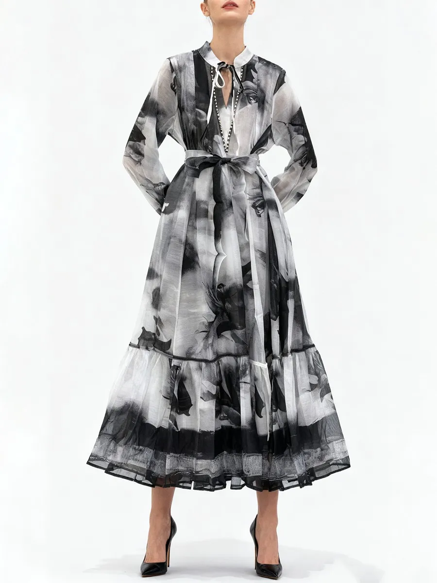 TWOTWINSTYLE Hit Color Printing Spliced Lace Up Dresses for Women O Neck Long Sleeves Patchwork Bead Elegant Dress Female New