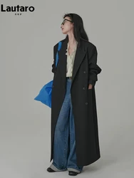 Lautaro Spring Autumn Extra Long Loose Casual Flowy Black Trench Coat for Women Double Breasted Korean Style Maxi Overcoat 2023