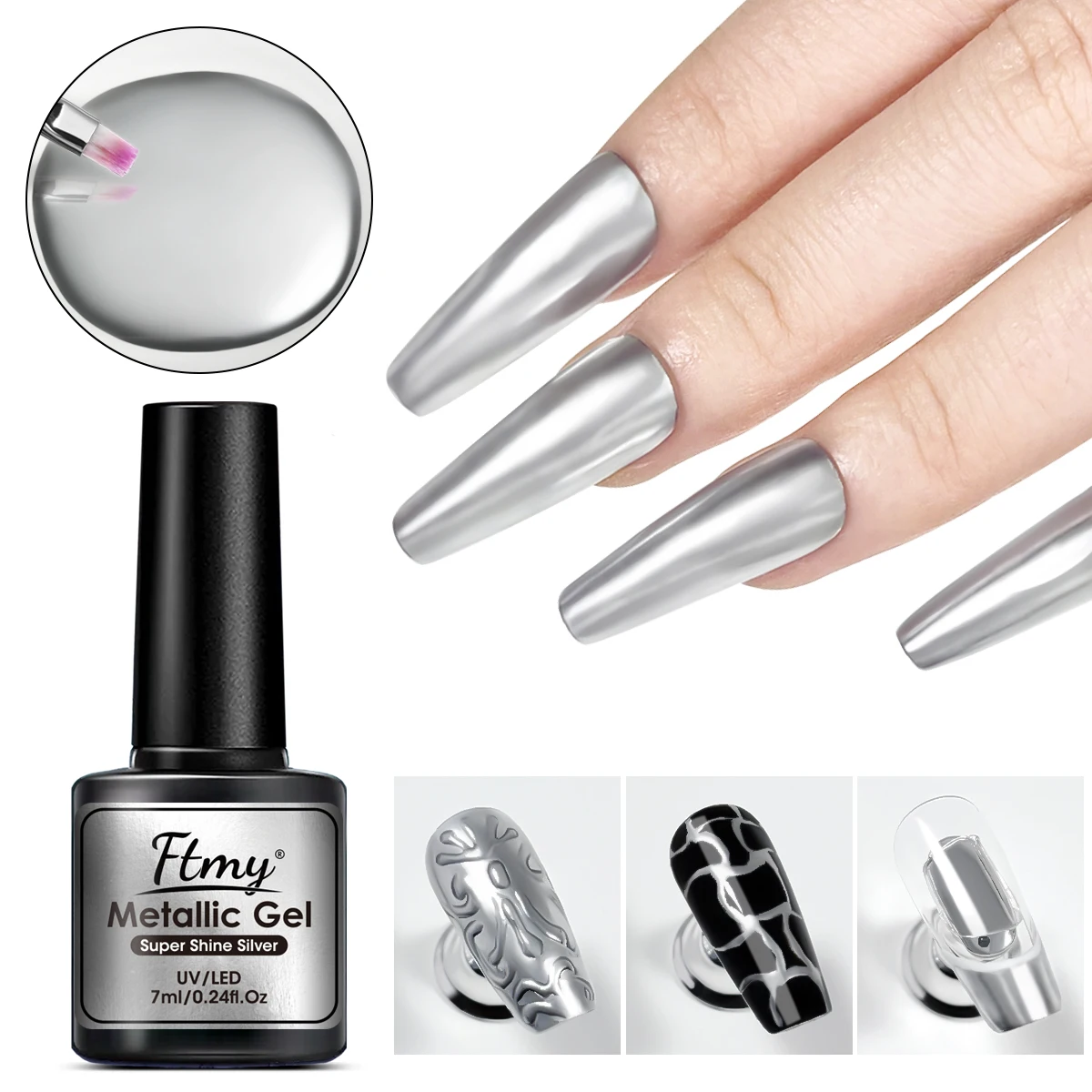 7ml Silver Metallic Nail Art Gel, High-Gloss Mirror Finish, Solid Pattern, Low Allergenic, Oval Shape, Nail Art Adhesive for Ped
