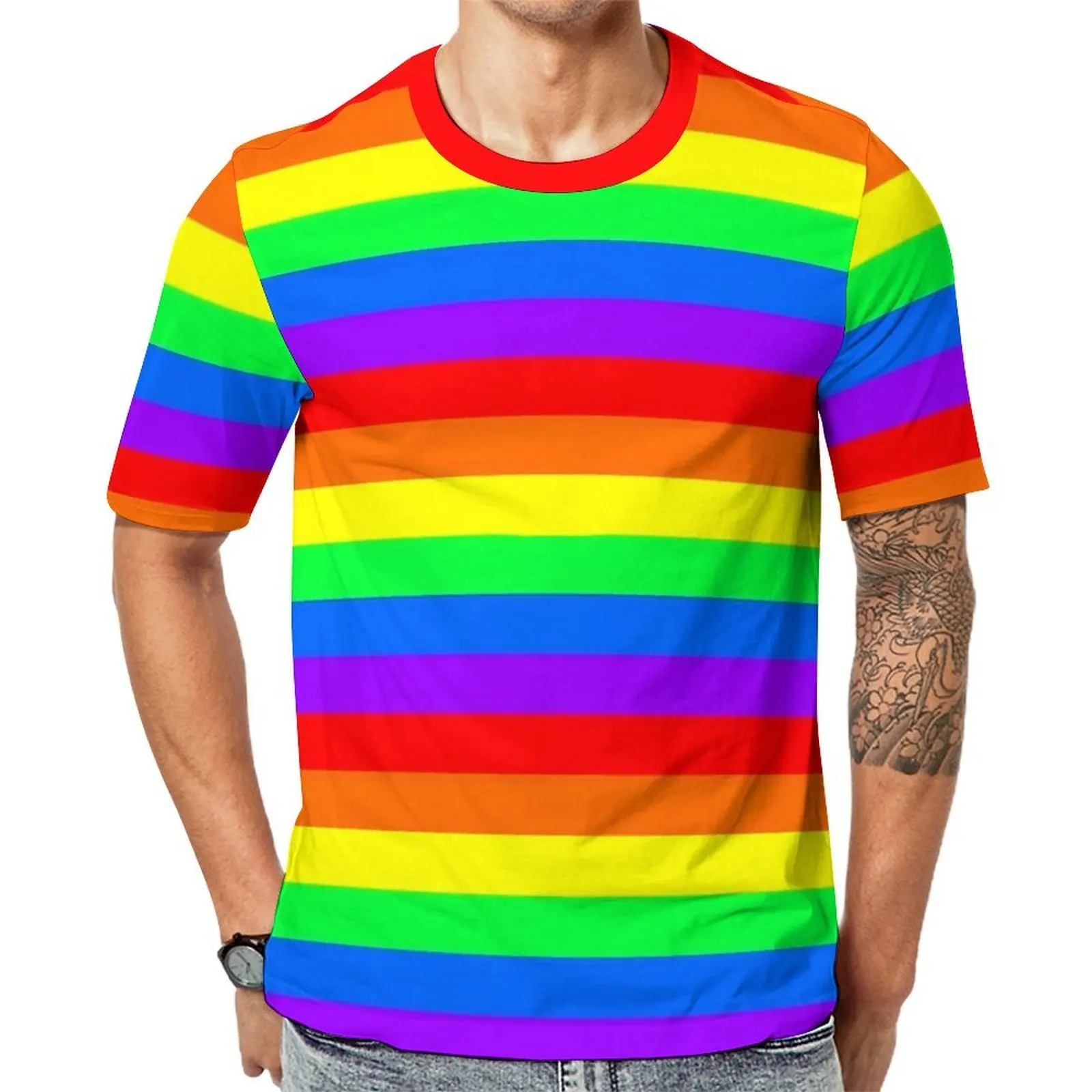 Men Rainbow Striped T-Shirt Horizontal Stripes Popular T-Shirts Short-Sleeved Tops Hot Sale Summer Classic Oversized Top Tees