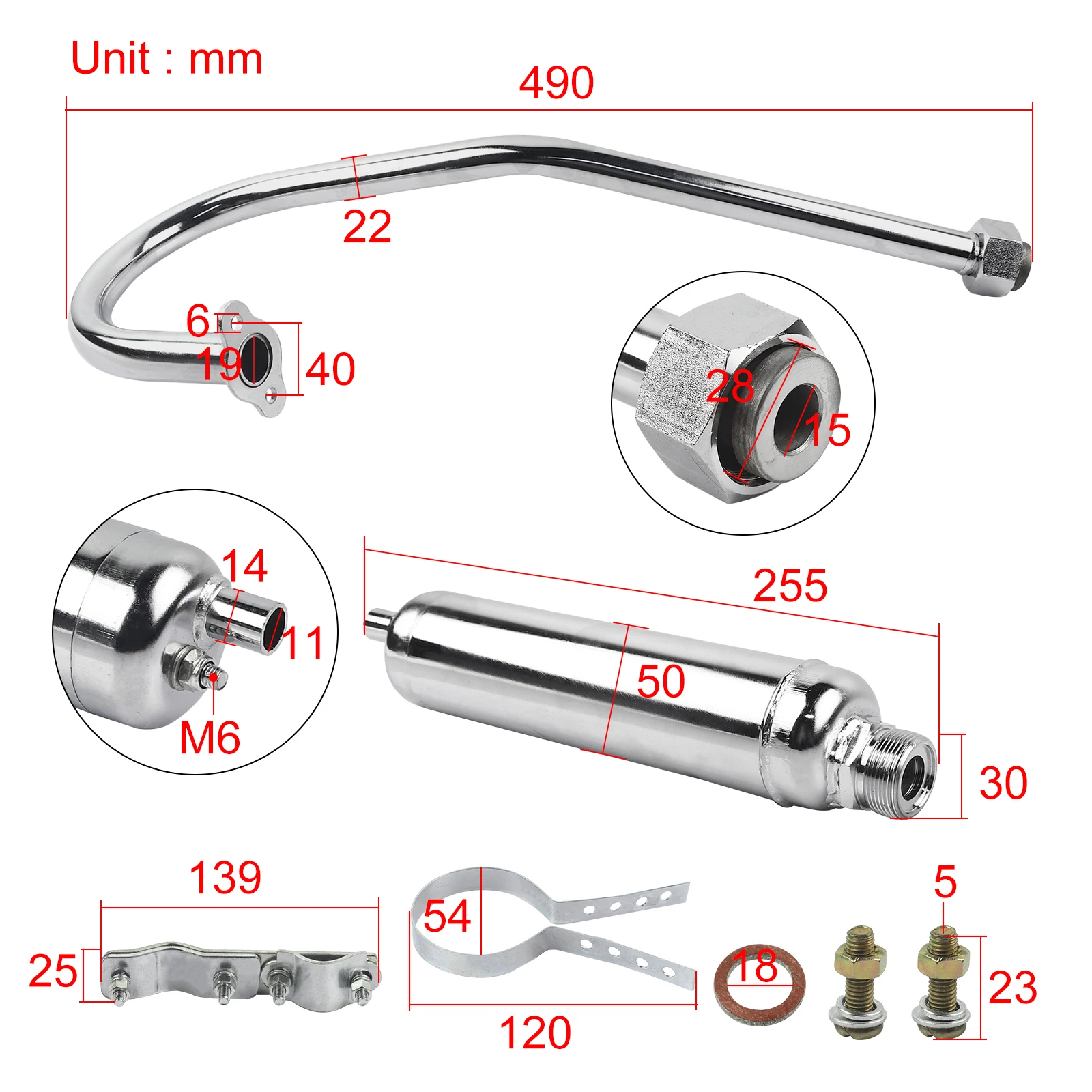 Motorized Bicycle Chrome Exhaust Pipe for 49cc 50cc 60cc 66cc 80cc 2 Stroke Engine Bike Motorcycle Muffler Silver