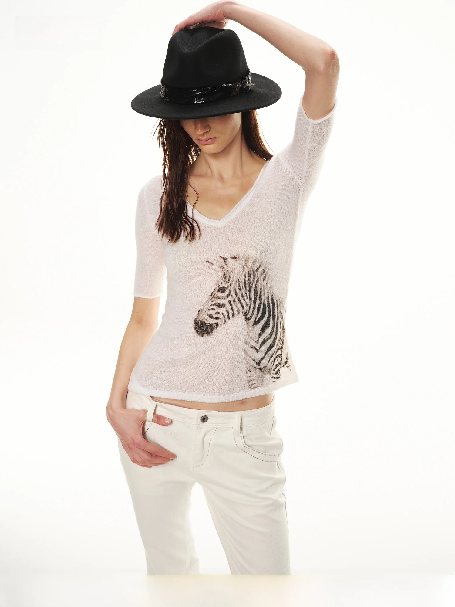 Fashionable Zebra Print Snowflake Transparent V-neck Cuffed Mid-sleeve Knitted Short-sleeve Top Regular Fit Casual Style