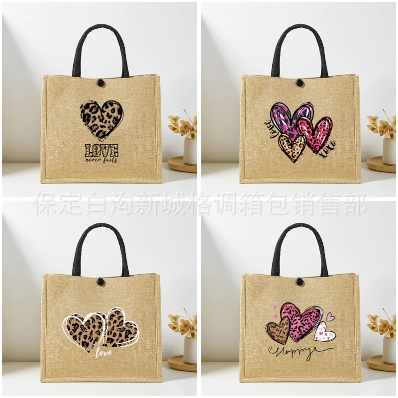 Wholesale linen women's handbag Valentine's Day love printed linen bag with small change bag student tutoring bag tide