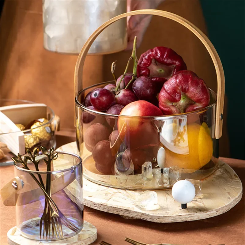 

Nordic Portable Glass Fruit Plate Transparent Ice Wine Bucket Salad Bowl Household Snack Storage Basket with Wooden Handle