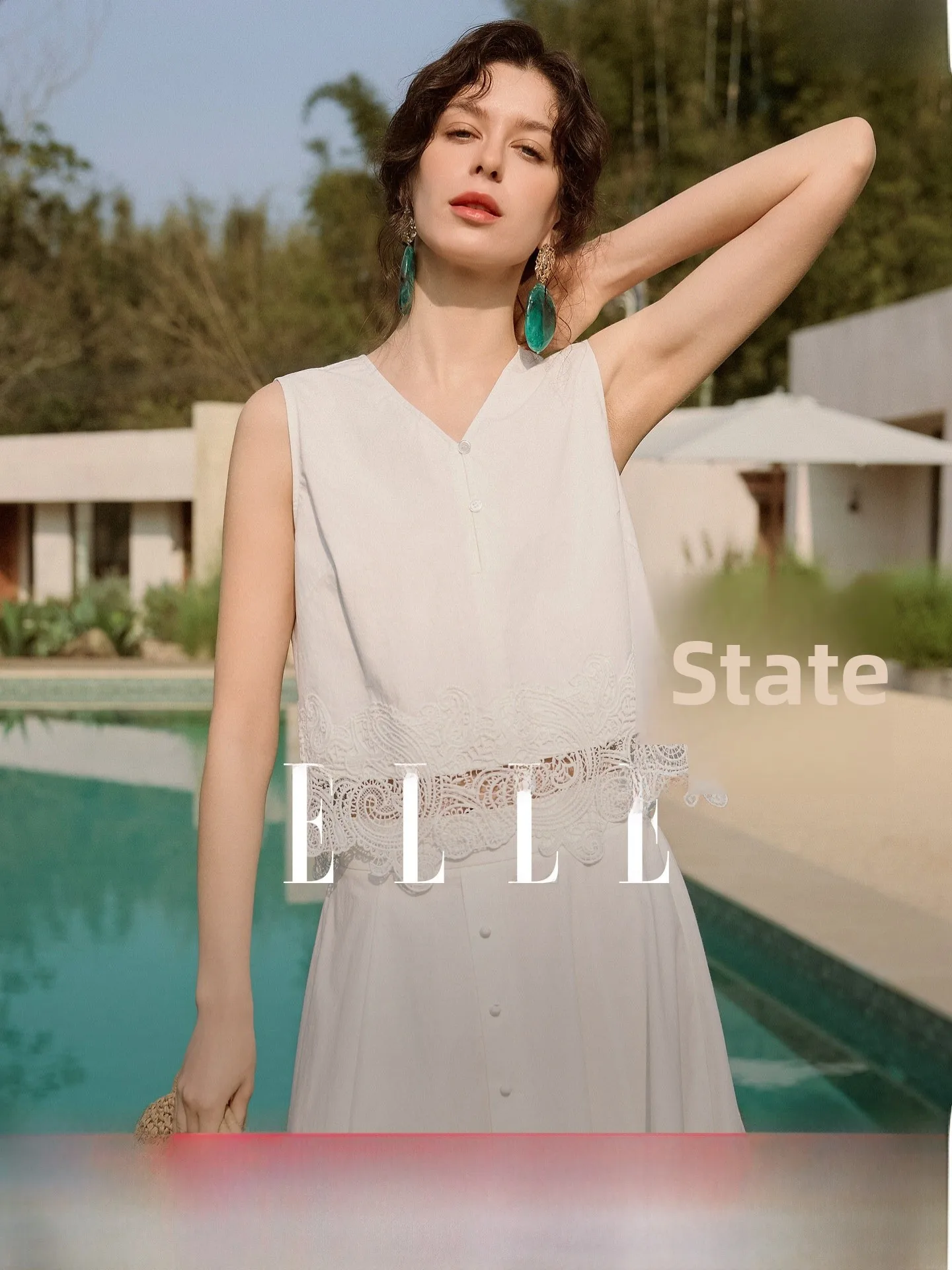 

Elle Casual Lace Splice Sleeveless Irregular Women's Shirt Summer New Style High Sensation Cotton V-neck Short Length