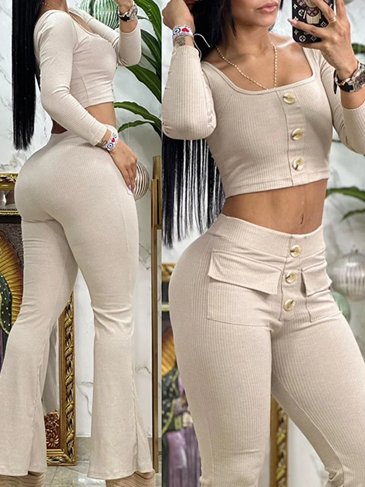 Elegante Anzüge für Frauen 2 Stück Set Frühling Herbst Mode Vierkant hals geknöpft Top & Pocket Design ausgestellte Hosen Set Trainings anzüge