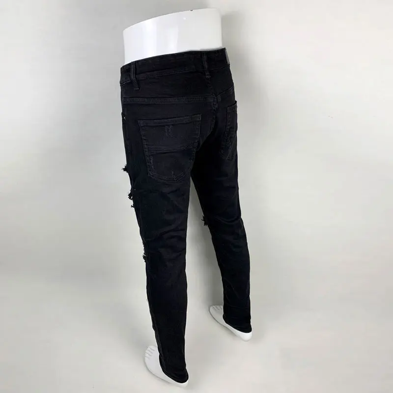 Street Fashion Men Jeans Black Stretch Skinny Fit Ripped Jeans Men Punk Trousers Leather Patched Designer Hip Hop Brand Pants