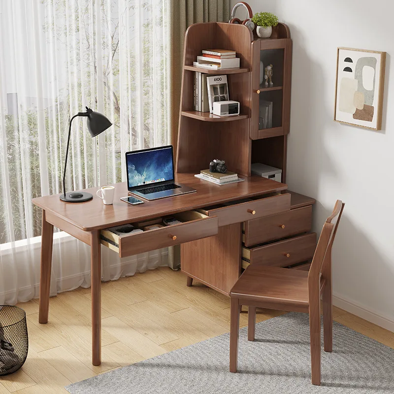 Solid wood retractable desk bookshelf integrated computer simple modern home bedroom with sub-cabinet writing