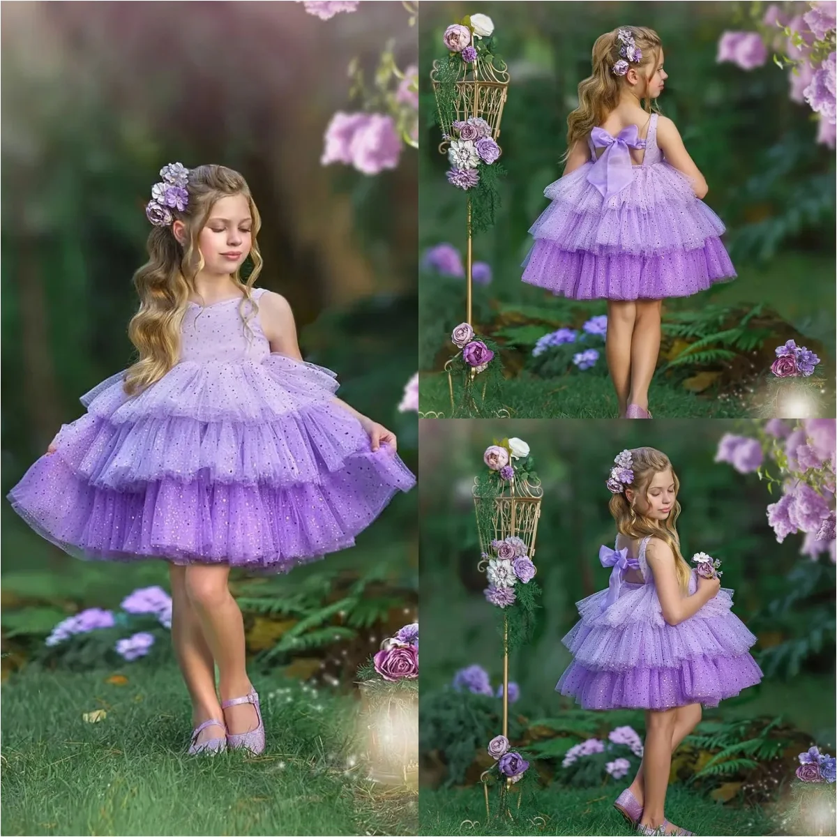 Lovely Lavender Flower Girl Dresses for Wedding Sequins Mini Tiered Baby Girl Prom Gown for Photoshoot First Communion Gowns