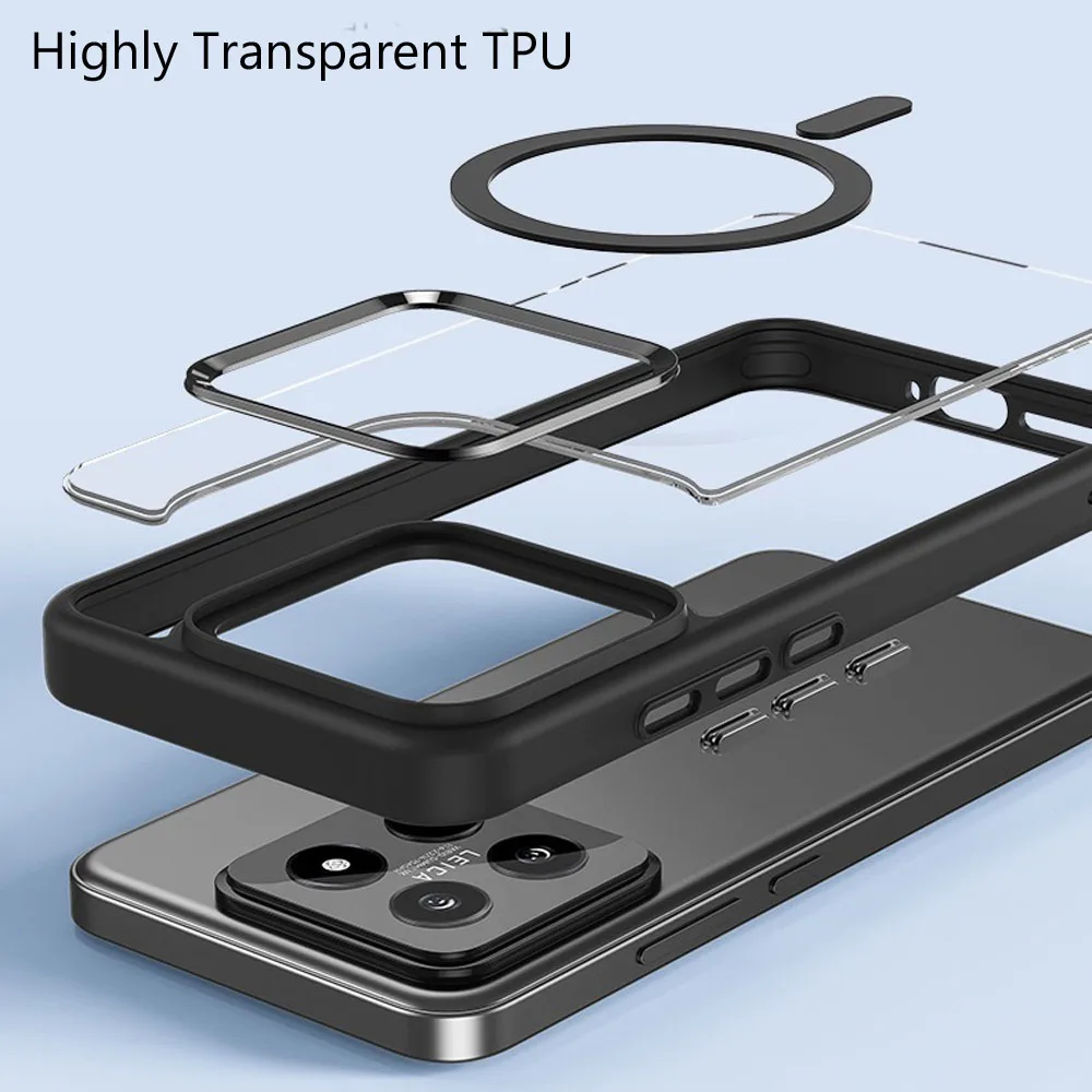 Luxury HD Transparent Shockproof Bumper Case For Xiaomi Mi 14 Pro Ultra For Magsafe Magnetic Wireless Charge Back Cover Shell