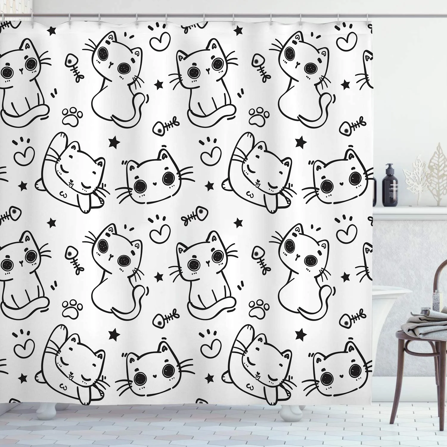 Black Line Katzen-Duschvorhänge, waschbarer Stoff, Polyester, für Badewanne, Kunst, Badezimmer, Dekor, Trennwand mit Haken, zum Aufhängen, wasserdicht – Detail 10
