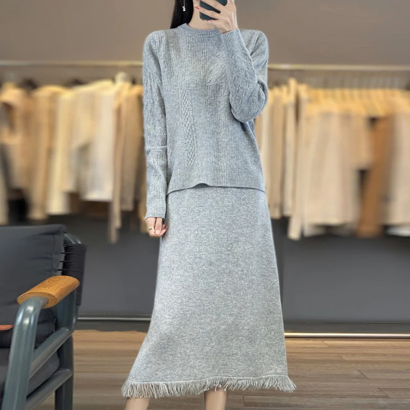 

100% Pure Wool Skirt Set for Women Autumn and Winter Round Neck Sweater Fashionable Tassel Knit Warm Dress Two-Piece Set