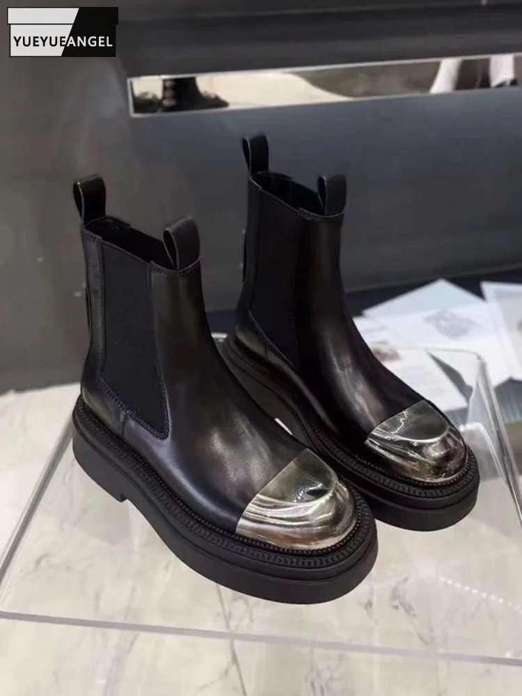 Punkowe damskie czarne buty na platformie jesień zima Hip Hop wsuwane z prawdziwej skóry krótkie buty moda na co dzień Chelsea Boots