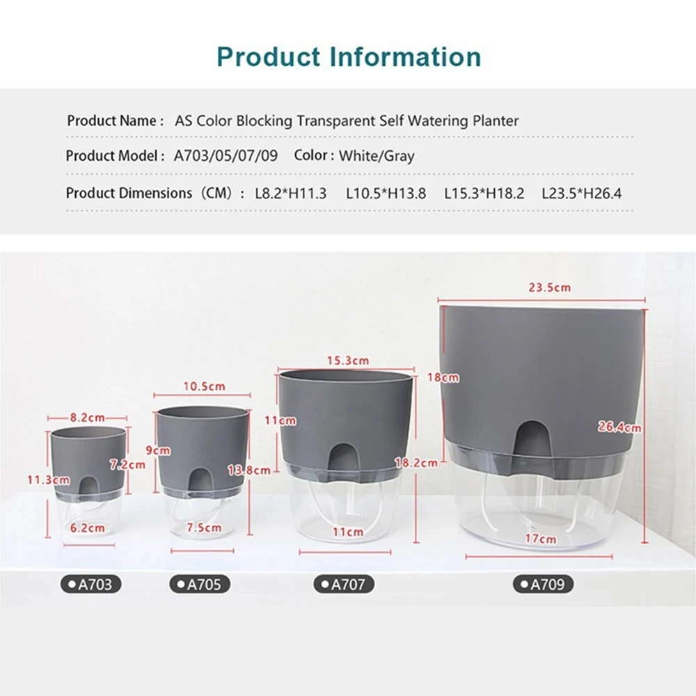 Przezroczysty, dwuwarstwowy plastikowy doniczka samozraszająca się, doniczka z bawełnianym sznurkiem do podlewania, mała doniczka na rośliny z otworem do podlewania.