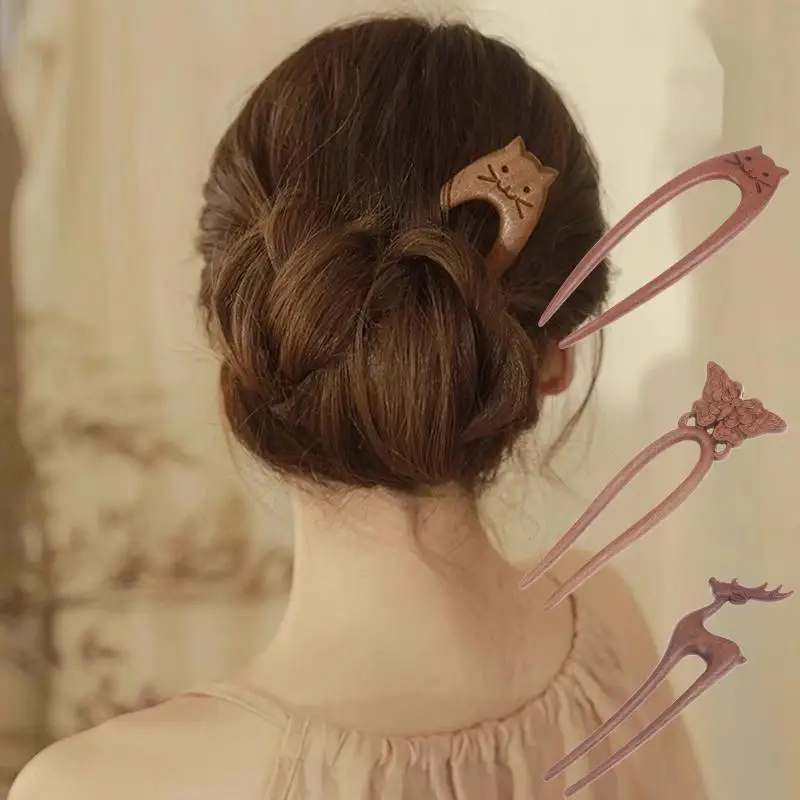 Wooden Hair Stick U-Shaped Hair Fork Cat Butterfly Chinese Style Fashion Hairpin Headwear Girl Hair Accessories image 4