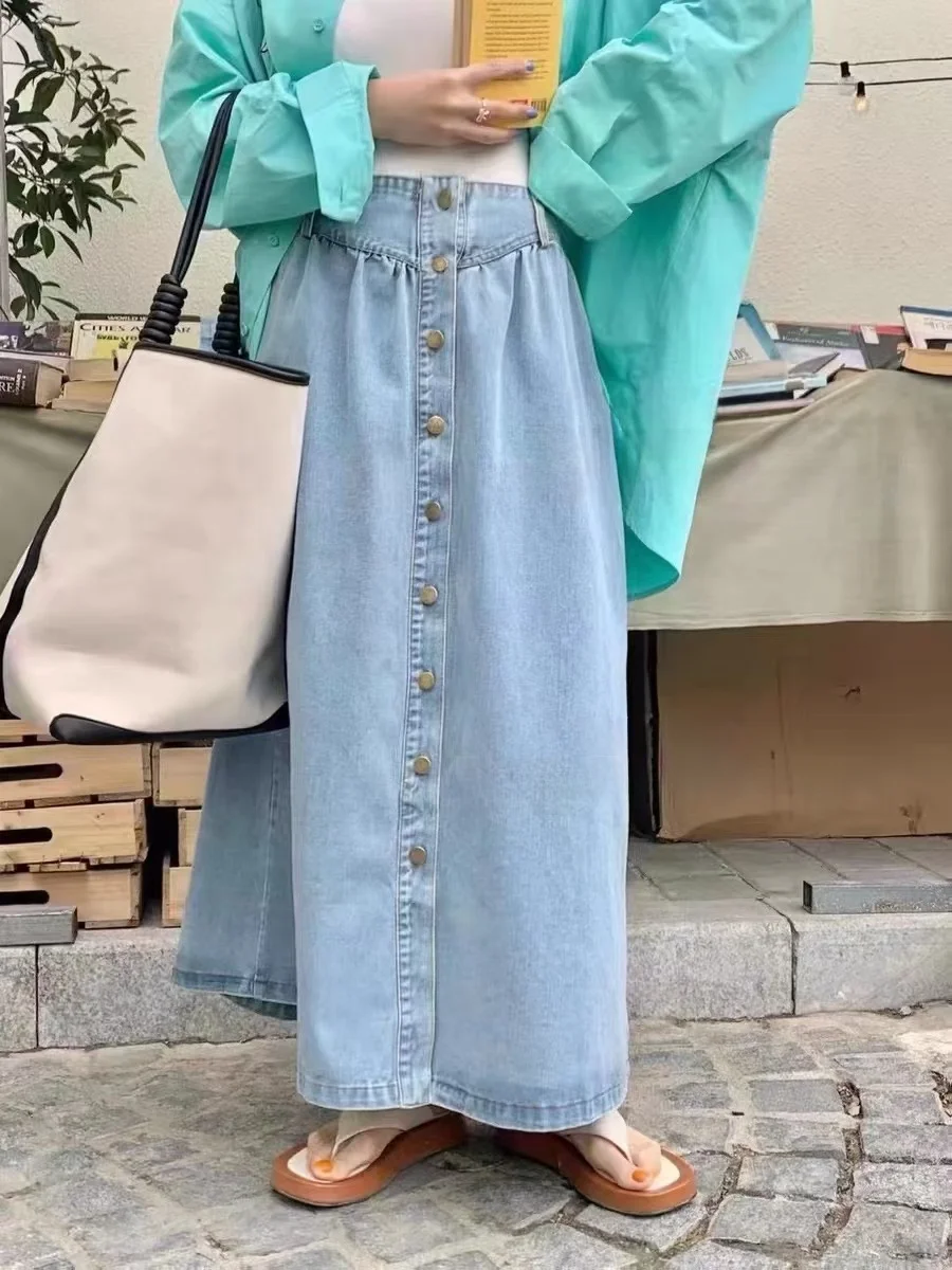 

High Waist A-Line Midi Skirt Women's Vintage Waed Single Button Loose Pleated Splicing Flared Denim Skirt Trendy Cotton