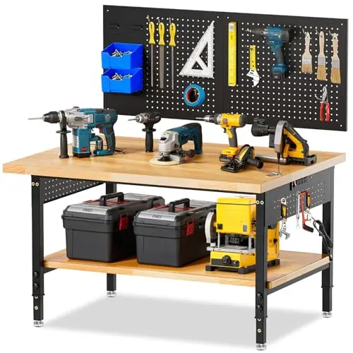 Adjustable Height Work Bench 48×24 Workbench for Garage with Under Table Shelf Heavy Duty Rubber Wood Work Table for
