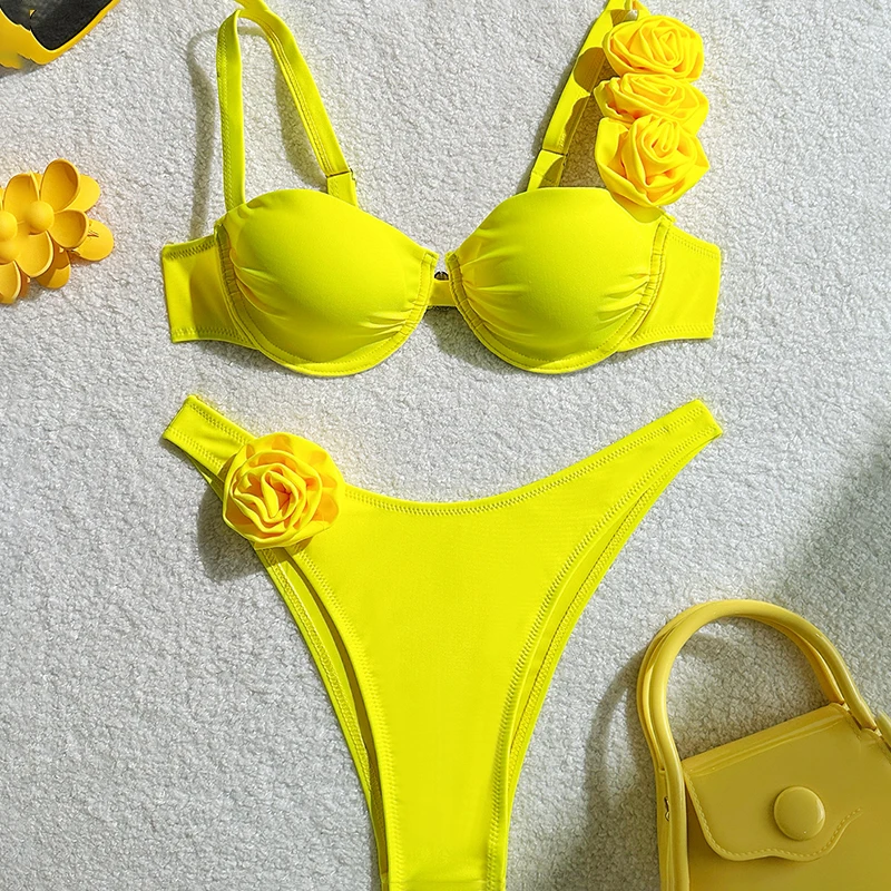 أنيق المرأة مثير بلون الأزهار Underwire رفع مجموعة البكيني قطعتين أزياء Ins ملابس بحر لقضاء عطلة الصيف