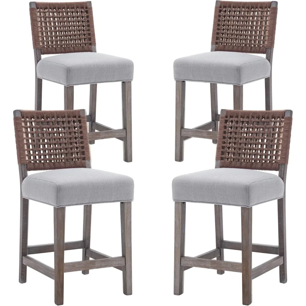 Woven Rope Back Bar Stools Armless Counter Height Stools Wooden Farmhouse Barstools