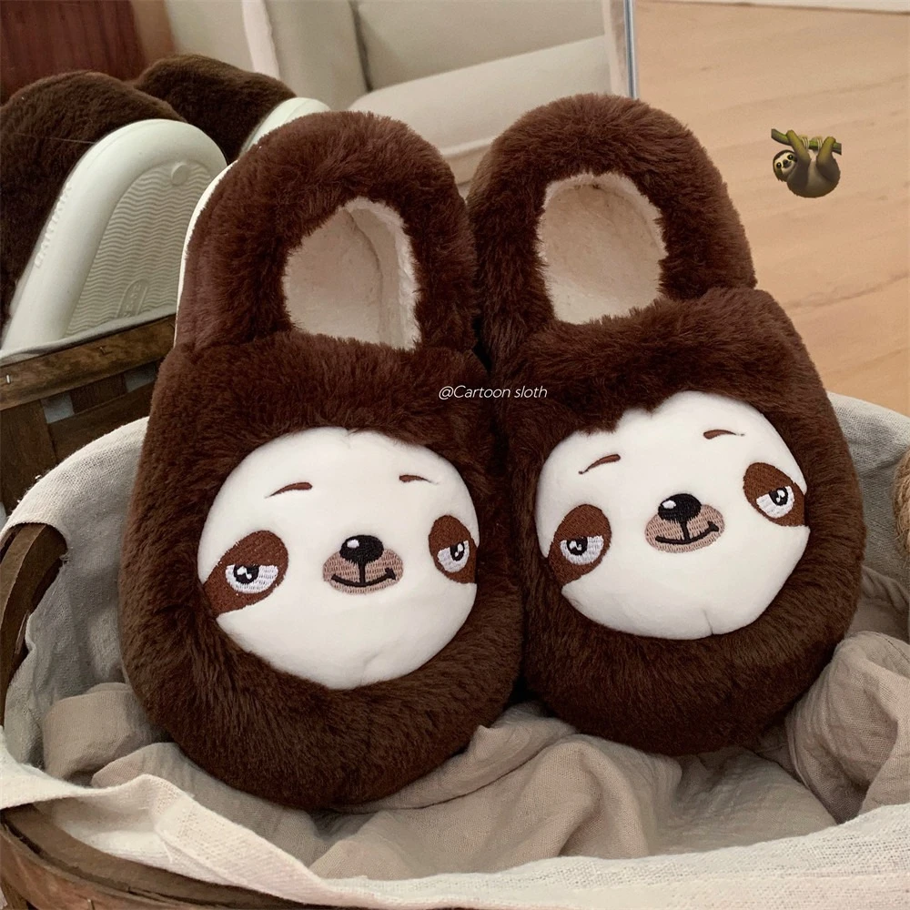Indoor Cotton Slippers For Women Men Winter Warm Shoes Cute Cartoon Sloth Soft Plush Anti-slip Couples Home Floor Fluffy Shoes