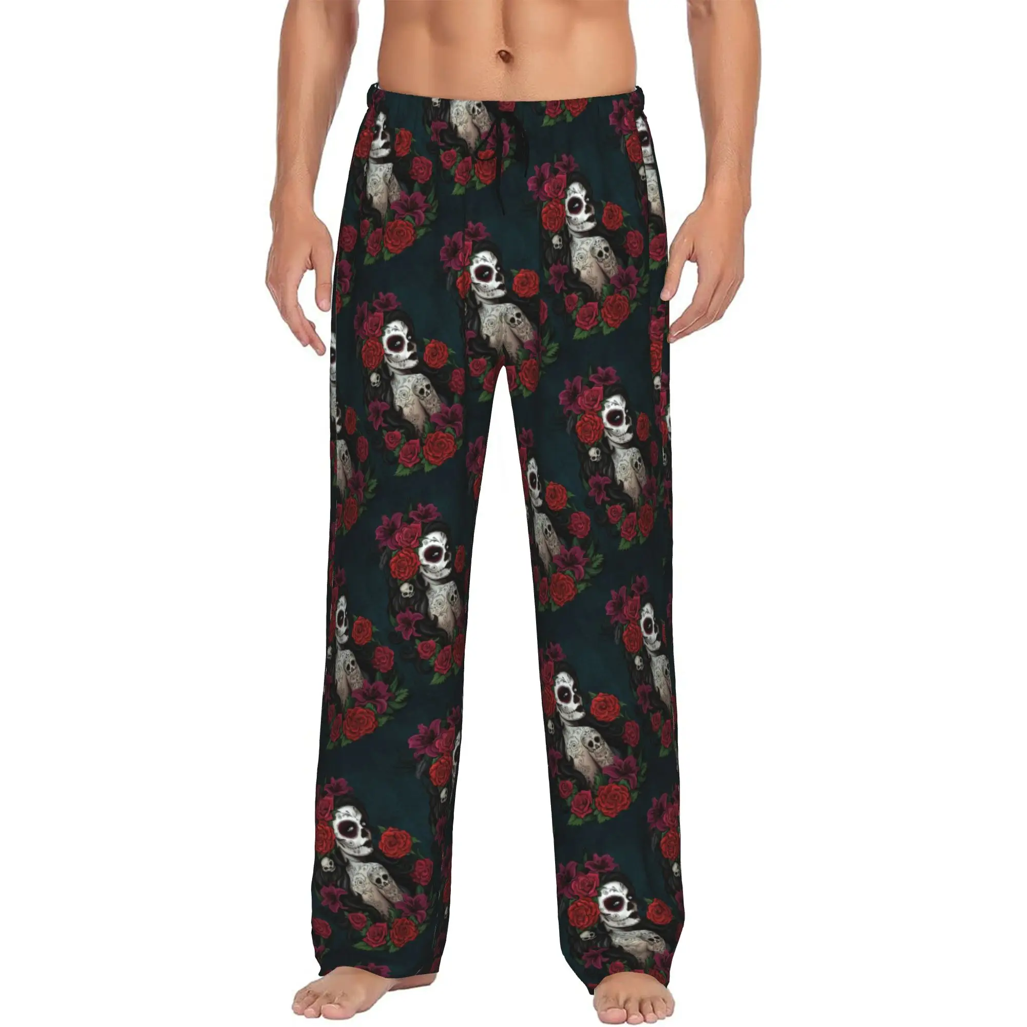 Printed Mexican Sugar Skull Day Of The Dead Pajama Pants Men Skeleton Gothic Halloween Sleep Sleepwear Bottoms with Pockets
