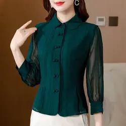 Spring Autumn New Women Shirts Solid Lapel Single Breasted Temperament Fashion Chic Long Sleeve Slim Corset Chiffon Shirt Tops