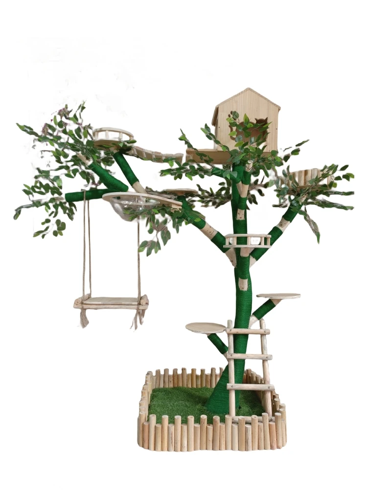 Marco de escalada para gatos, forma de árbol, resistente al desgaste, tronco real, espada verde, cuerda de cáñamo, nido para gatos, árbol para gatos integrado