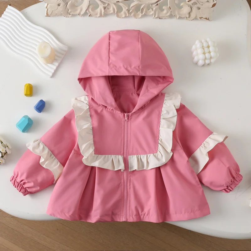 

Children's Jacket New Autumn Korean Style Girls' Toddler and Little Girl Ruffled Trim Windbreaker Fashionable Hooded Jacket