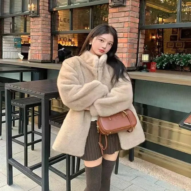 معطف فرو نسائي لربيع وخريف وشتاء ثينيد طويل Sve بياقة واقفة شارع Sle متوسط الطول فضفاض مناسب معطف فرو كامل