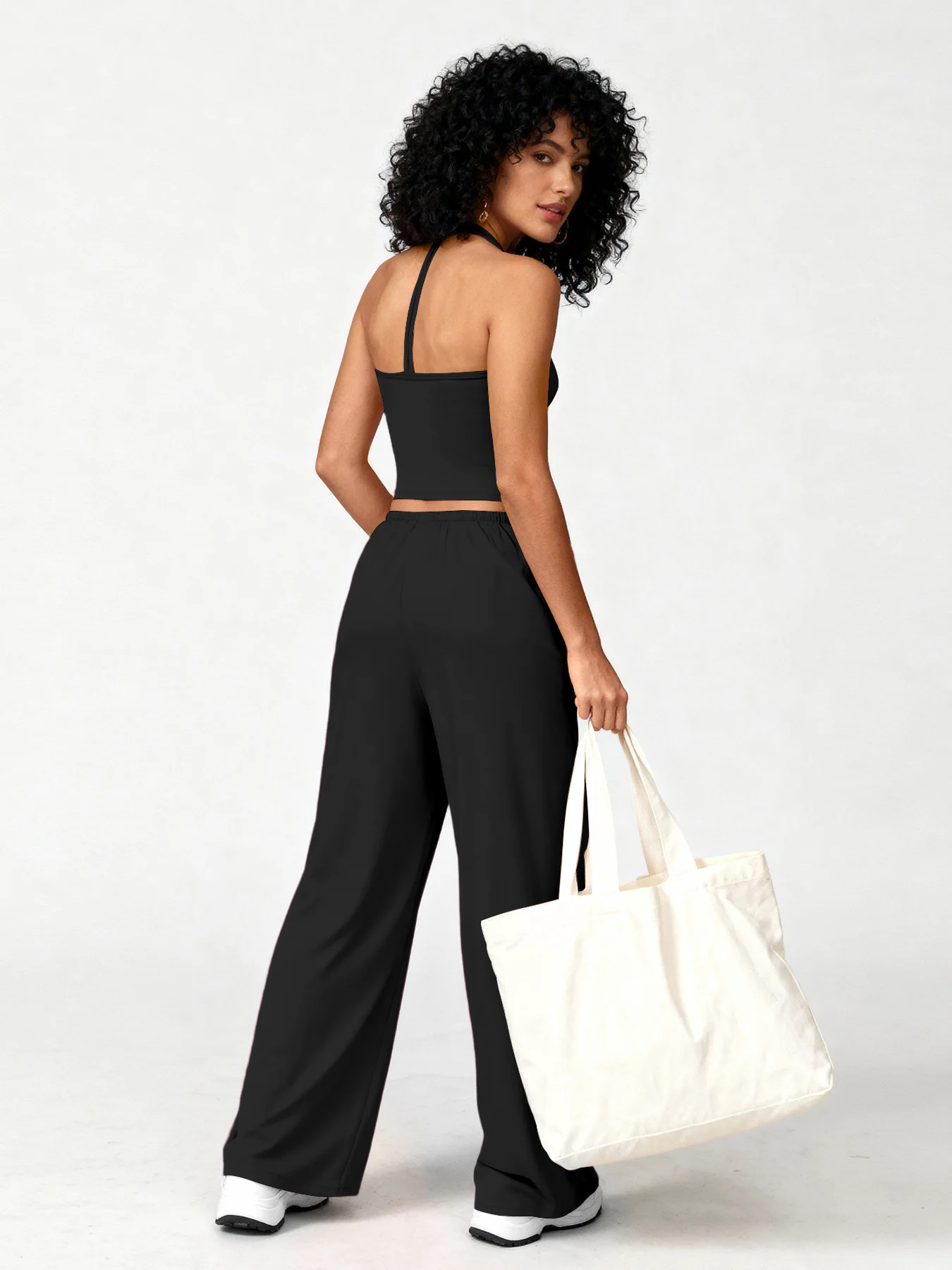 Women 2 Piece Yoga Outfit Ribbed Halter Crop Tank Top Drawstring Wide Leg Pants Set Casual Workout Gym Loungewear Tracksuit