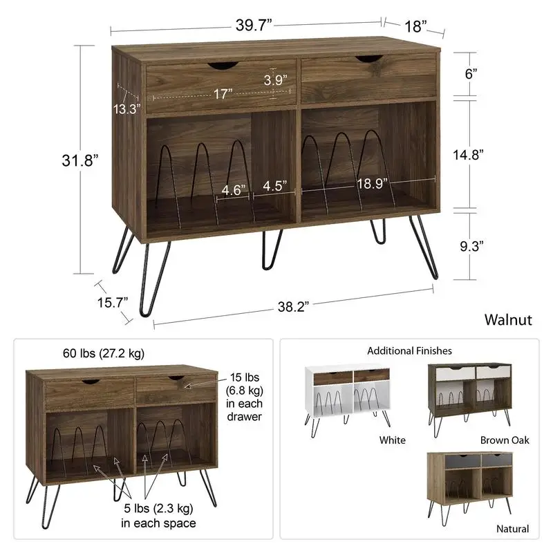 서랍이 있는 콘코드 턴테이블 스탠드는 비닐 레코드 및 액세서리를 위한 수납 서랍이 있는 나무 턴테이블 스탠드가 됩니다.