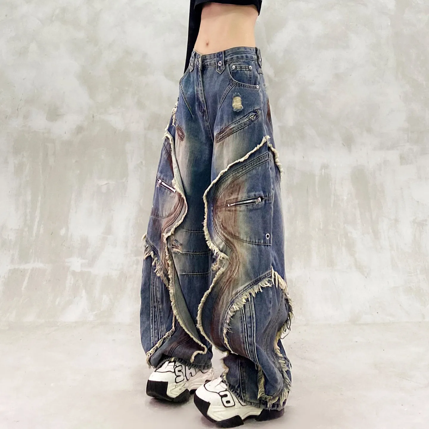 Womens Paint Effect Patchwork Jeans High Waist Barrel Leg Denim Pants Relaxed Curved Silhouette for Casual Spring Streetwear