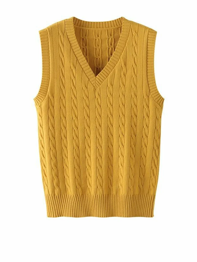 Damska dzianinowa kamizelka swetrowa z luźnej wełny, prosty, modny design, jesienny trend, odzież wierzchnia, średniej długości ocieplacz na ramię.