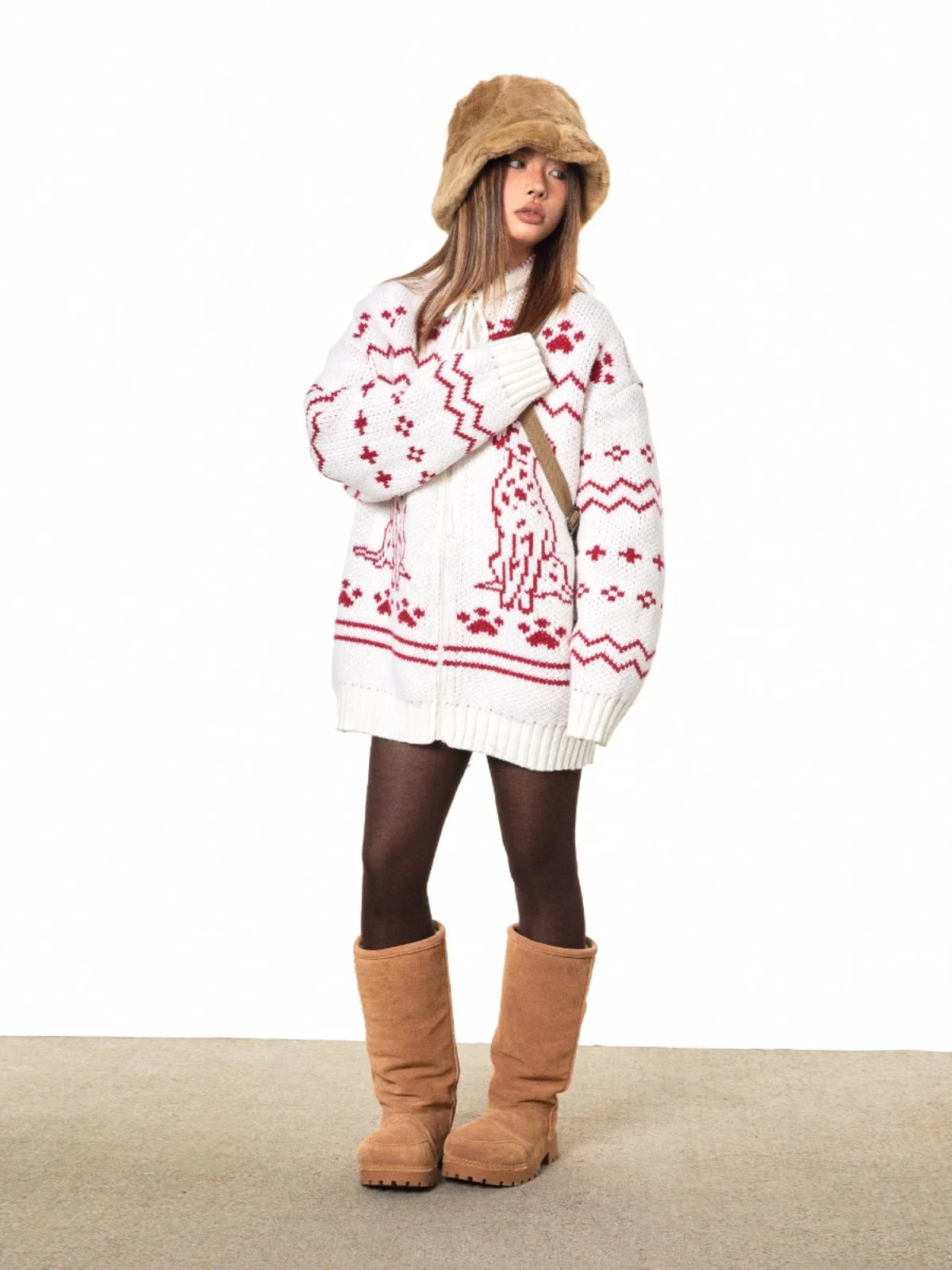 Blackbb American Retro Doggie Pattern Knitted Zipper Hooded Open Cardigan Women's Trendy Autumn Winter Lazy Sweater