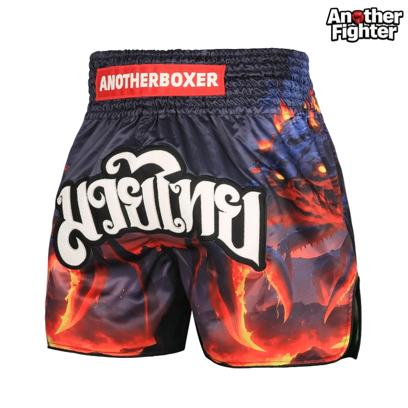 Fire Dragon Print Muay Thai Shorts Men Women Satin Kickboxing Pants Thai Script Embroidery Fight Boxing Sparring Training Shorts