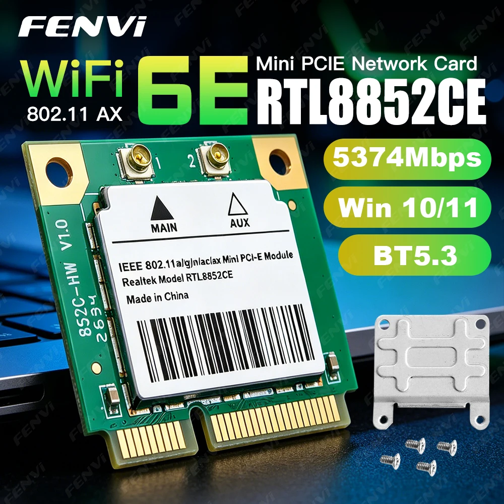 FENVI WiFi 6E RTL8852CE Mini PCIe Network Card BT5.3 5400Mbps Tri Band 2.4G/5G/6Ghz Wireless WiFi Receiver Adapter For Win 10/11