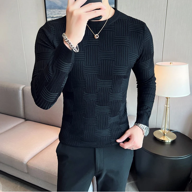 Autumn Winter New Crew Neck Knitted Sweater Mens Long Sleeved Knitted Floral Pullover Korean Slim Fit Warm T Shirt Sweater Homme