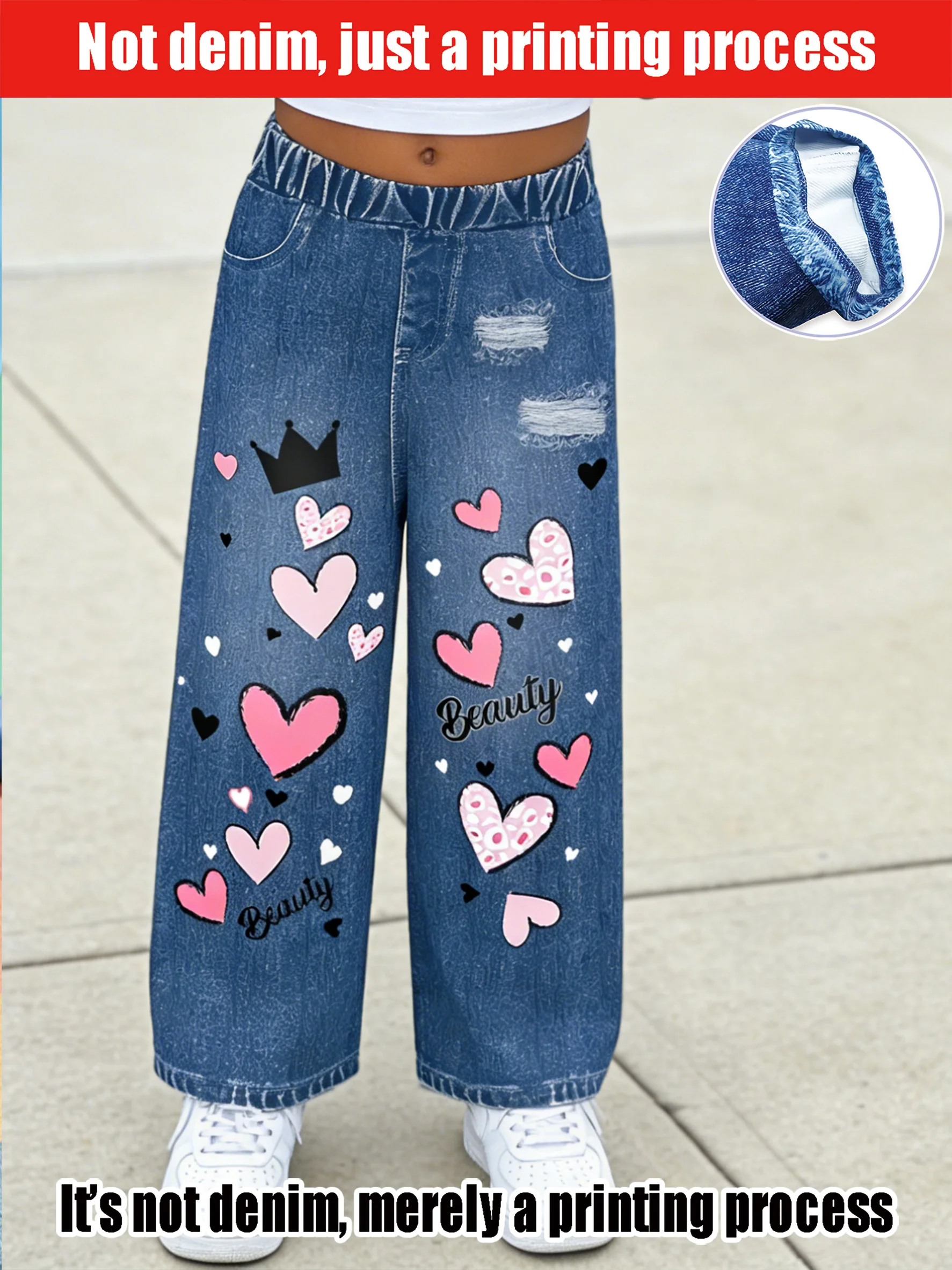 2026 children's light blue simulation denim multi-color love elastic waist wide-leg pants, old and broken