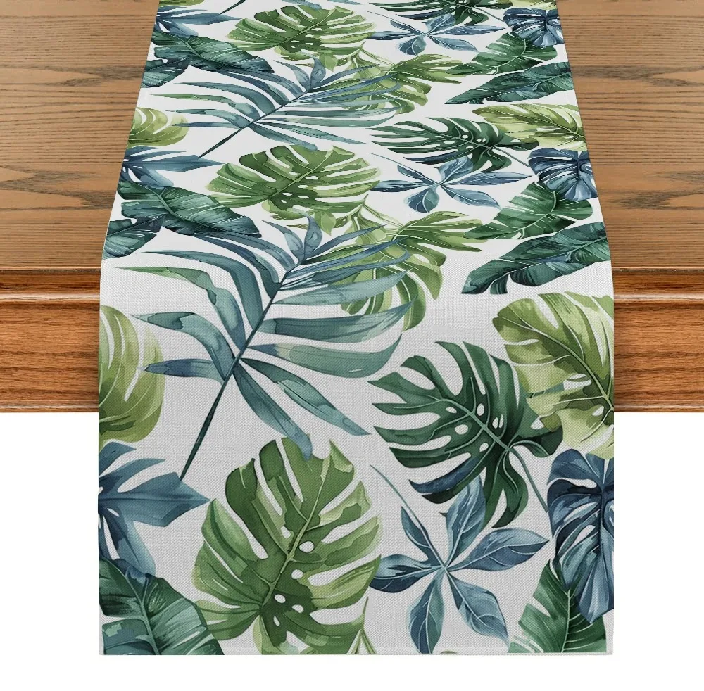 Tropical Plant Leaf Table Runner Wrinkle‑Resistant Watercolor Green Foliage Design For Jungle Style Table Decoration