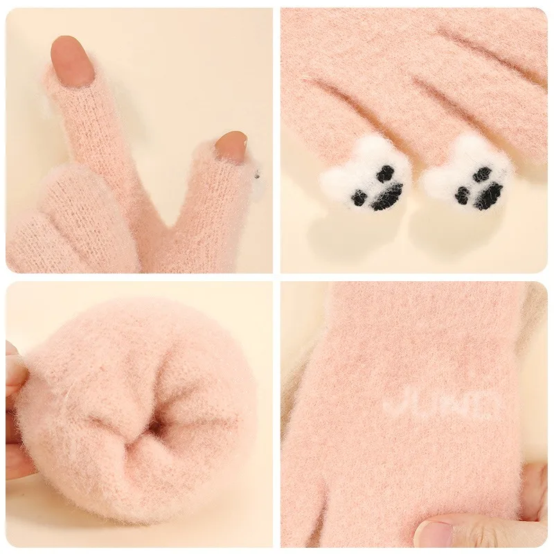 Плюшевые вязаные перчатки, теплые и морозостойкие шерстяные перчатки, женские милые перчатки с сенсорным экраном в виде панды, теплые уличные перчатки