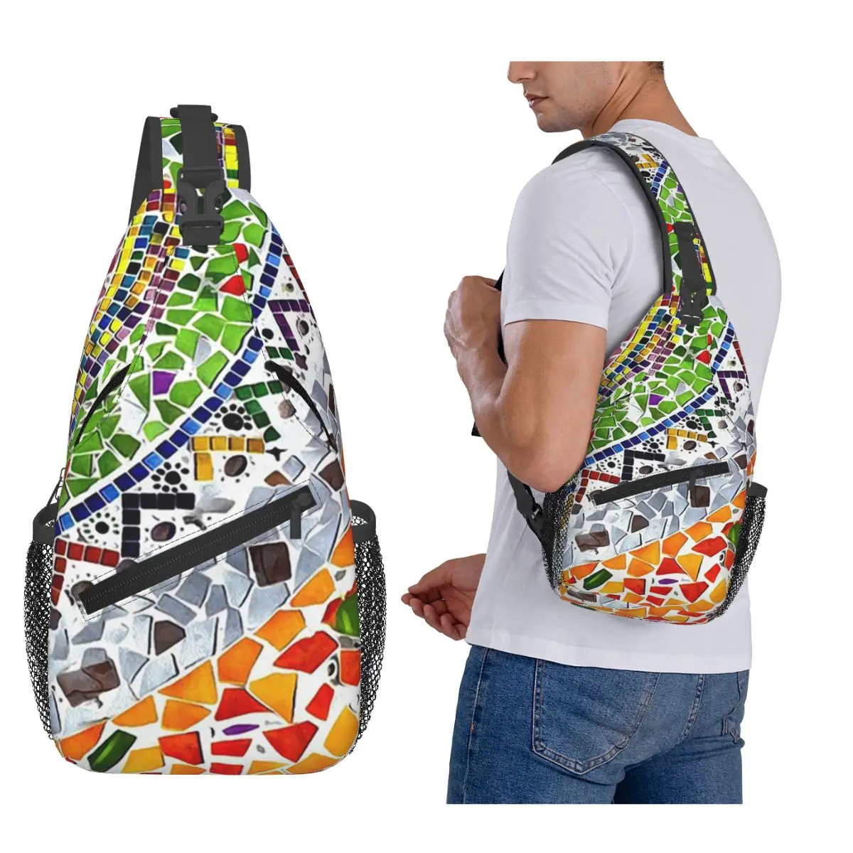 

Gaudi Barselona Mosaic Chest Bag Men Sling Crossbody Backpack Chest Bag Travel Hiking Daypack Shoulder Bag