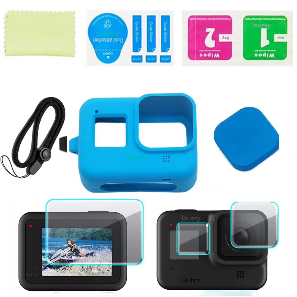 Protective Silicone Case for GoPro Hero 8 Black Tempered Glass Screen Protector Film Lens Cap Cover for Go Pro 8 cases Accessory