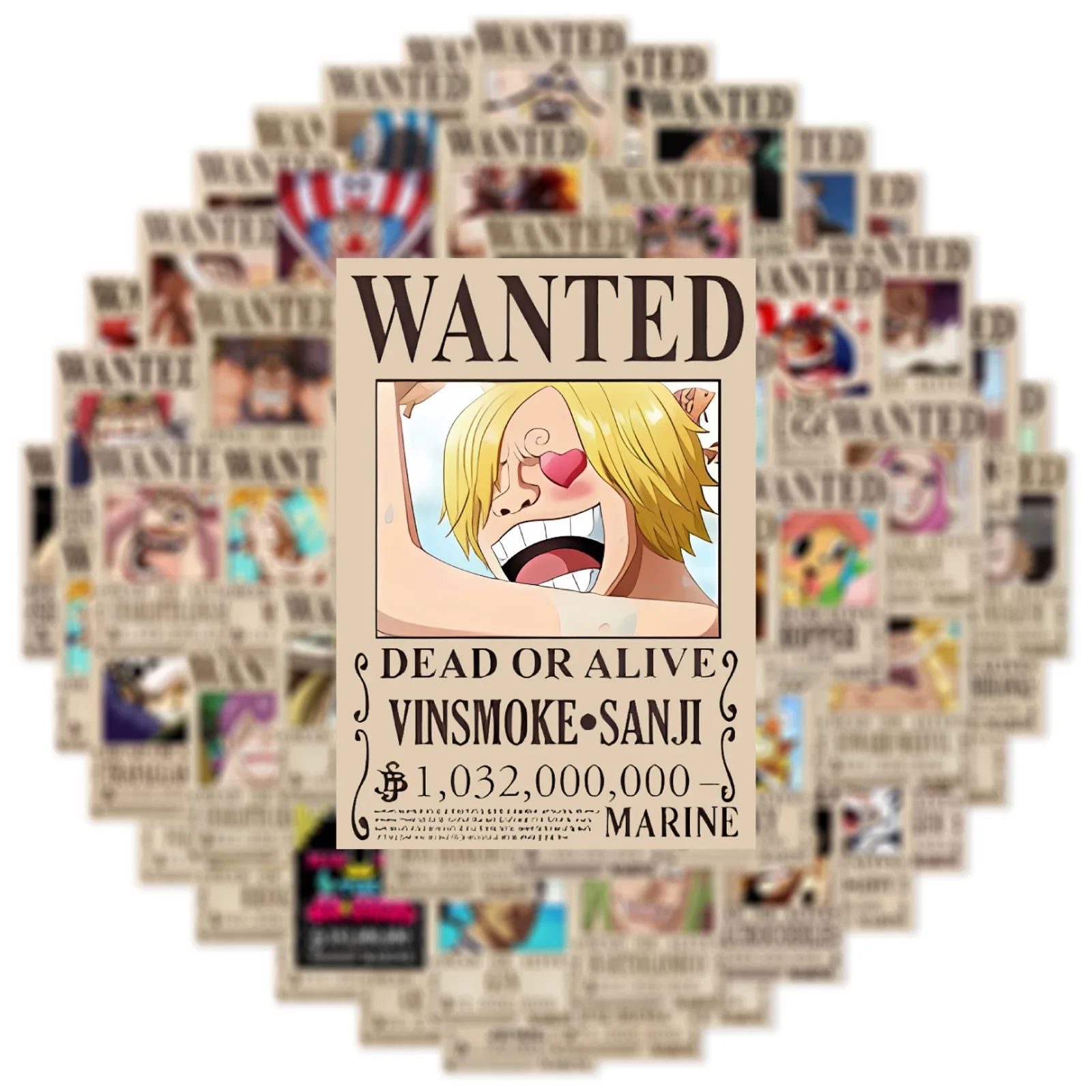 50PCS Anime One Piece Wanted Posters Stickers Cool Graffiti Decals DIY Phone Suitcase Laptop Fridge Wall Decoration Sticker Toy