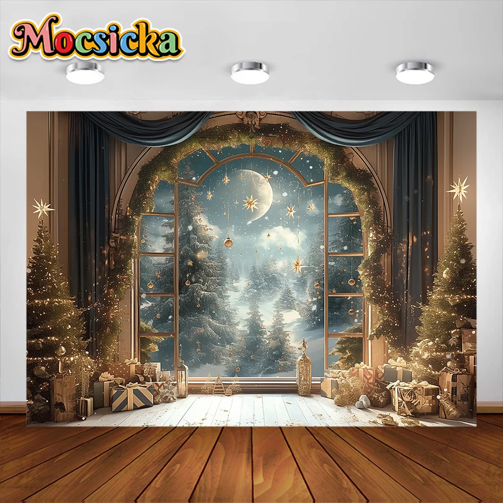 خلفية التصوير الفوتوغرافي تحت عنوان عيد الميلاد ، شجرة عيد الميلاد ، نافذة القمر ، ديكور الحفلات ، صورة عائلية ، خلفية صورة للاستوديو ، الأطفال