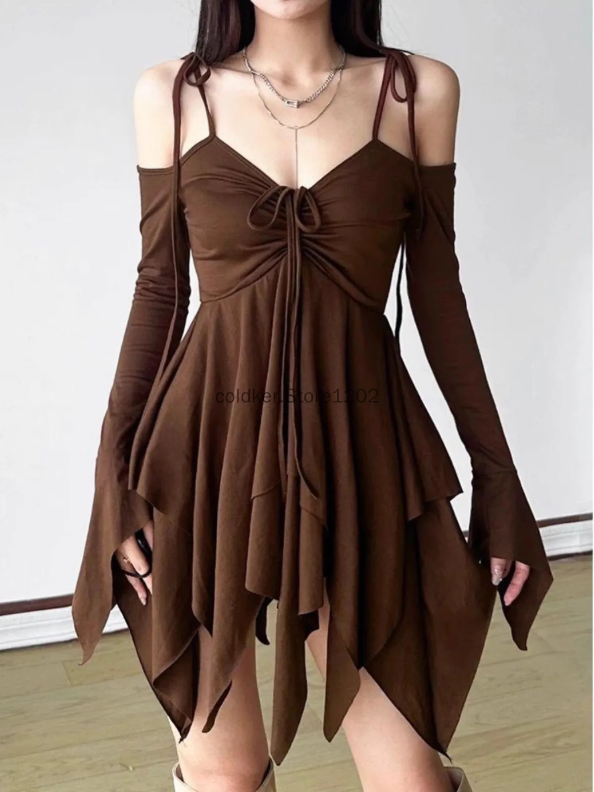2026 Gothic Women Clothing Drawstring Pleated Short Dresses Solid Color Y2K Irregular Lace-Up Off The Shoulder Long Sleeve Dress